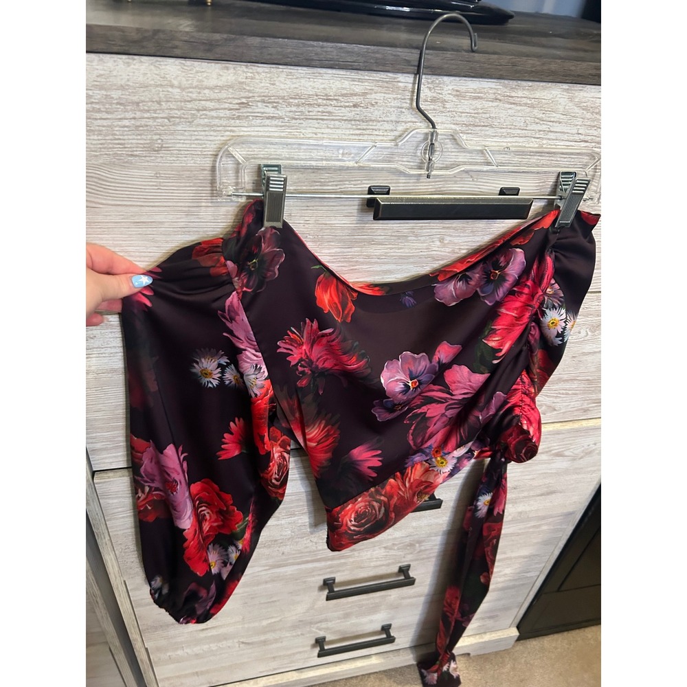 Express Conscious Edit Floral One Shoulder Tie Waist Crop Top Blouse Small - Picture 4 of 5